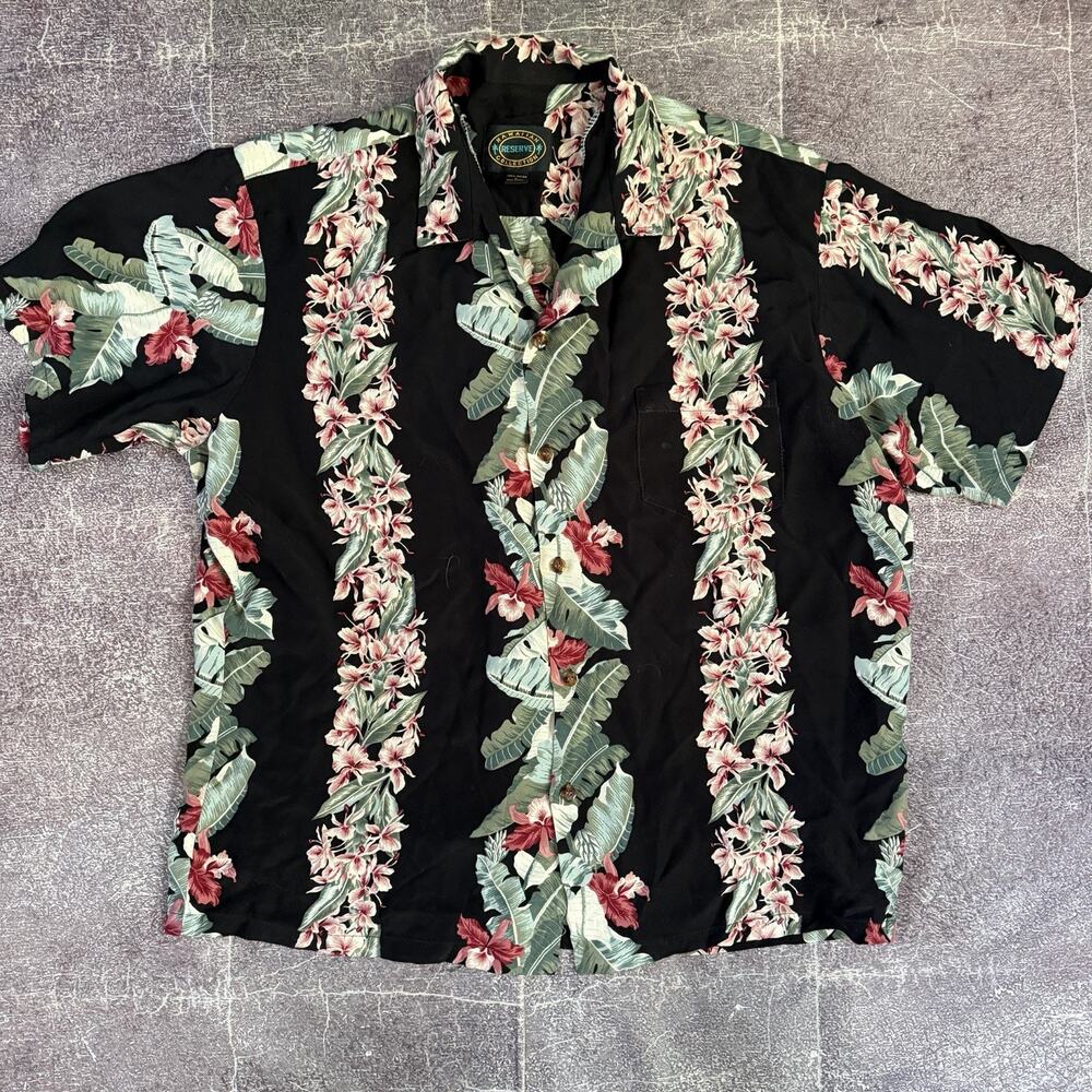 Men's Vintage 90's Hawaiian Reserve Collection Black Floral Button Up Shirt Sz L